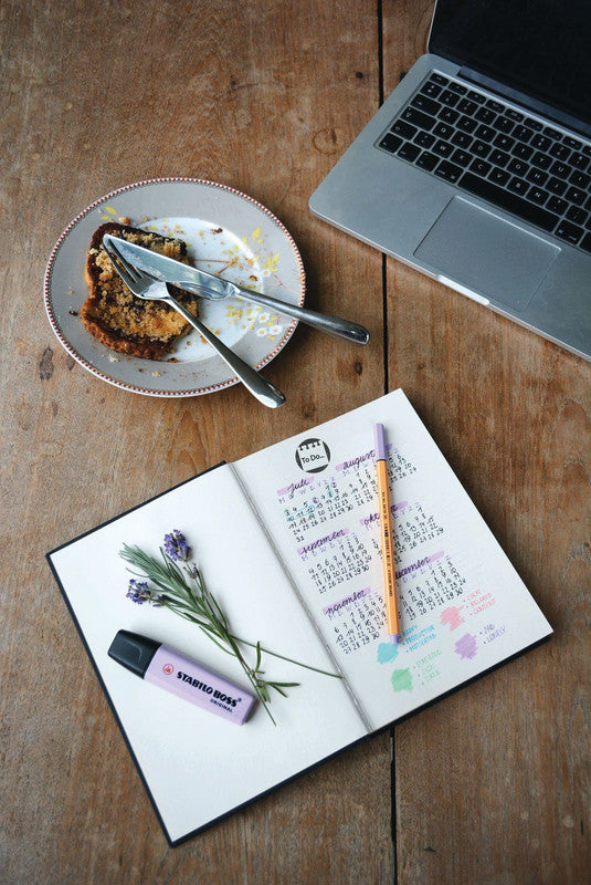 Colop Little NIO Rundstempel – Bullet Journal, selbstfärbend, 10 Motive, Ø 17 mm, Kissen grau