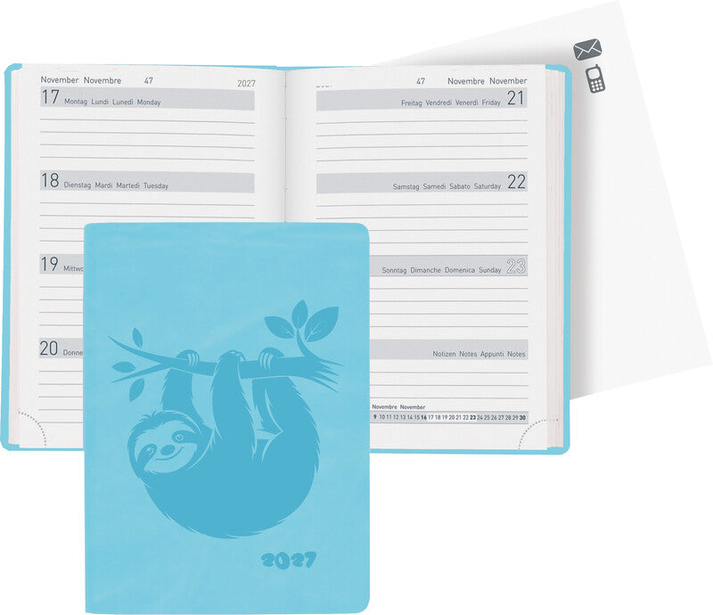 Biella Memento Ladytimer Agenda – 1 Woche/2 Seiten, gebunden, 10,1 × 14,2 cm, 2027, Hellblau, Faultier, FSC
