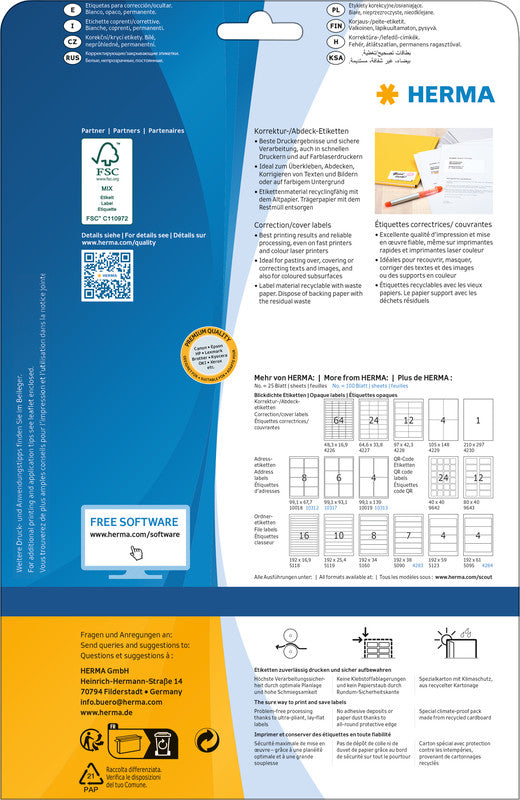 HERMA Druckeretiketten, 97 mm × 42 mm, weiss, Papier, permanent, 25 Blatt (300 Etiketten)