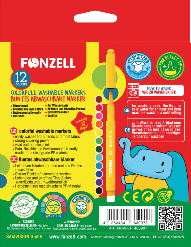 Fonzell Filzstifte, Strichbreite 4,4 mm, auswaschbar, 12 Farben