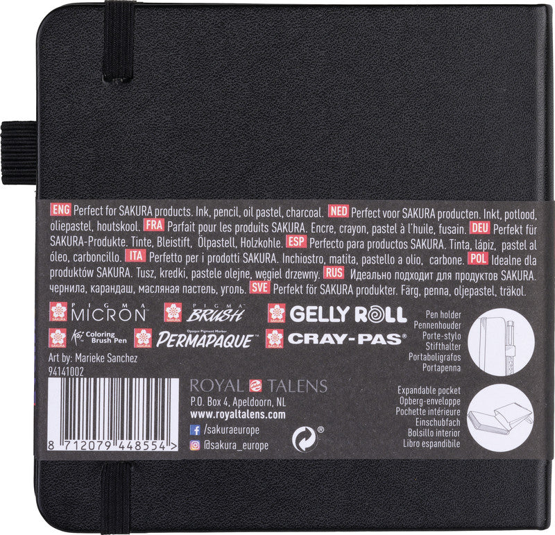 Sakura Skizzenbuch, 12 × 12 cm, 140 g/m², 160 Seiten, schwarz, mit Gummiband, säurefrei