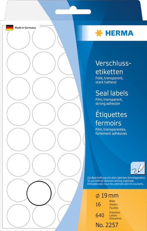 HERMA Schmucketiketten – Folie, transparent, Ø 19 mm, 640 Stk, 16 Bogen, stark haftend