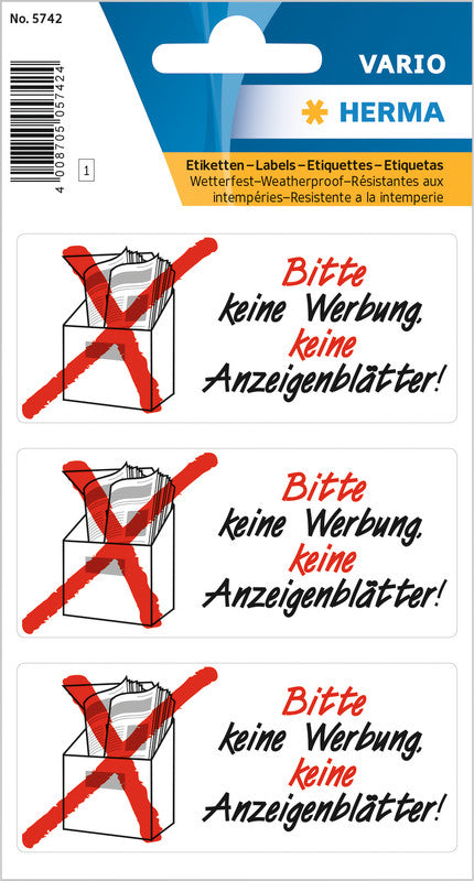 HERMA Schmucketiketten – Motiv Bitte keine Werbung / Anzeigenblätter – Folie, 3 Stk, abgerundete Ecken