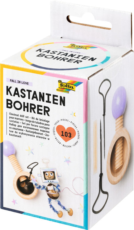 Folia Bastelset Kastanienbohrer – 2 Handbohrer (2 und 3 mm), 100 Zahnstocher – 140 × 70 × 75 mm