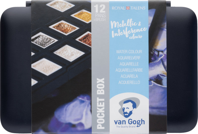 Van Gogh Pocket Box – Aquarellfarben – Set, 12 Farben, metallic & perleffekt, inkl. Schwamm & Pinsel
