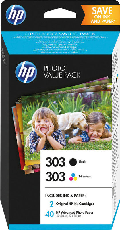 HP Tintenpatronen-Multipack 303 Photo Cube, 2er-Pack, mit Fotopapier 3,9" × 5,9" (40 Blatt) – für Inkjetdrucke