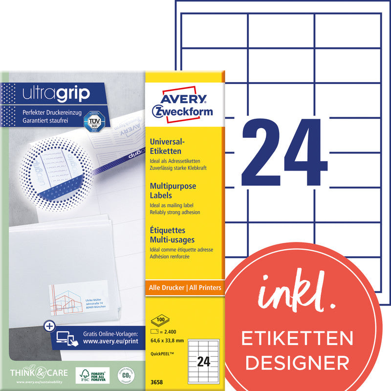 Avery Druckeretiketten, 65 mm × 34 mm, weiss, Papier, permanent, Packung 100 Blatt (2400 Etiketten)