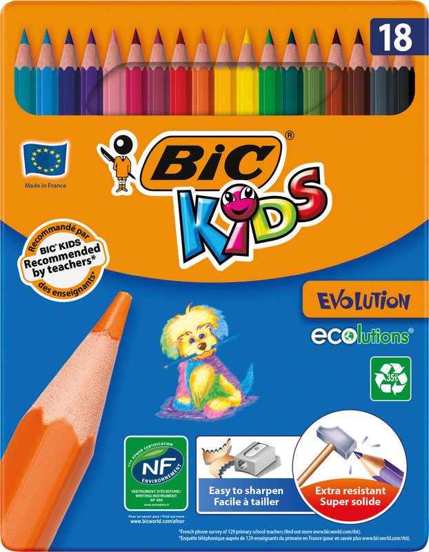 BIC Buntstifte Evolution Kids – 18 Farben, im Metalletui, Ø 3,2 mm, Kunstharz, NF Environment