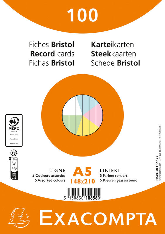 Exacompta Karteikarte A5 quer, liniert, farbig sortiert, 205 g/m², Karteikarton – 100 Stück