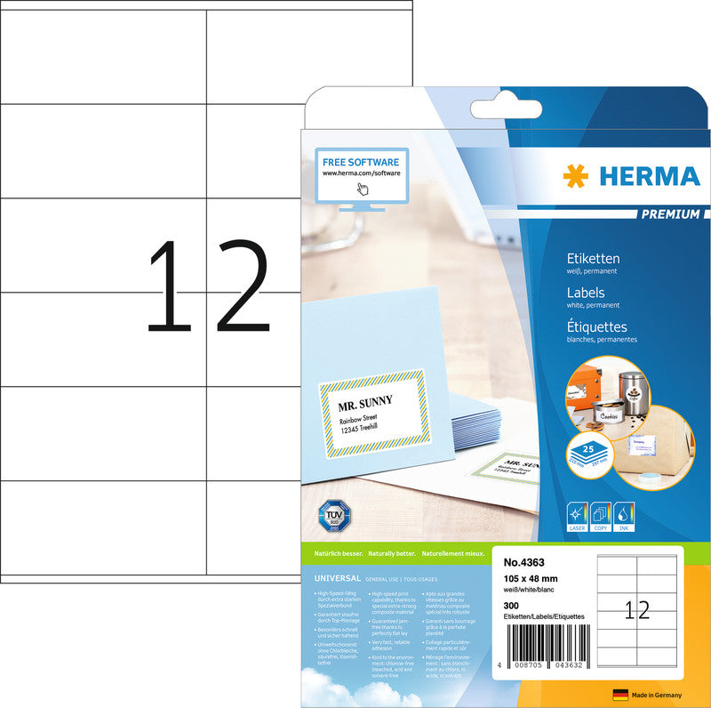 HERMA Druckeretiketten, 105 mm × 48 mm, weiss, Papier, permanent, 25 Blätter (300 Etiketten)
