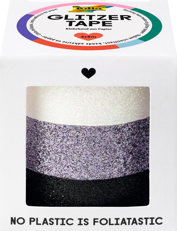 Folia Washi Tape Set Glitter – mehrfarbig (weiss, grau, schwarz) – 1,5 × 500 cm – 3er Set – Kunststoff