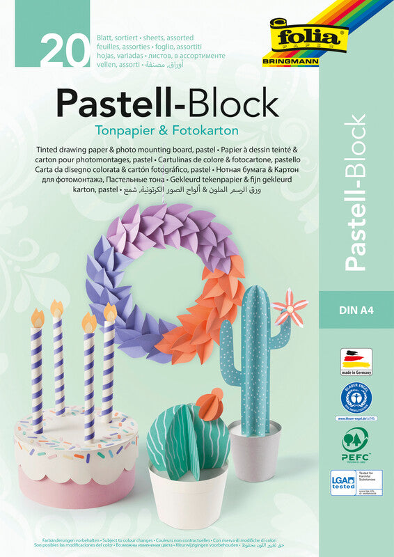 Folia Tonpapier- und Fotokartonblock, Pastell – A4 – 130/300 g/m² – sortiert – 20 Blatt