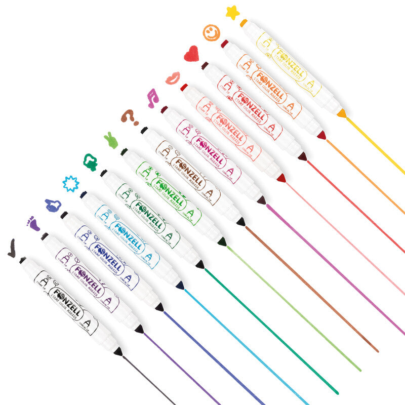 Fonzell Stempel-Filzstifte, Strichbreite 7,7–8,8 mm, 12 Farben, 12 Motive