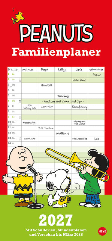 Heye Familienplaner Peanuts – 5 Spalten – Deutsch – 2027 – Spiralbindung, Aufhänger – 21 × 45 cm