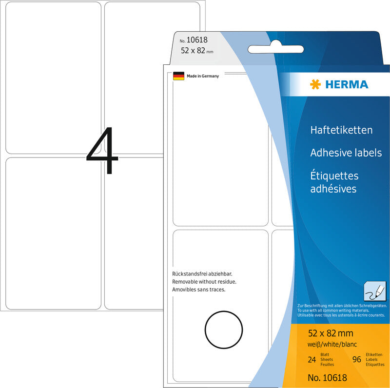 HERMA Schuletiketten – 52 × 82 mm, abgerundete Ecken, 96 Stk, 24 Bogen, Papier, ablösbar