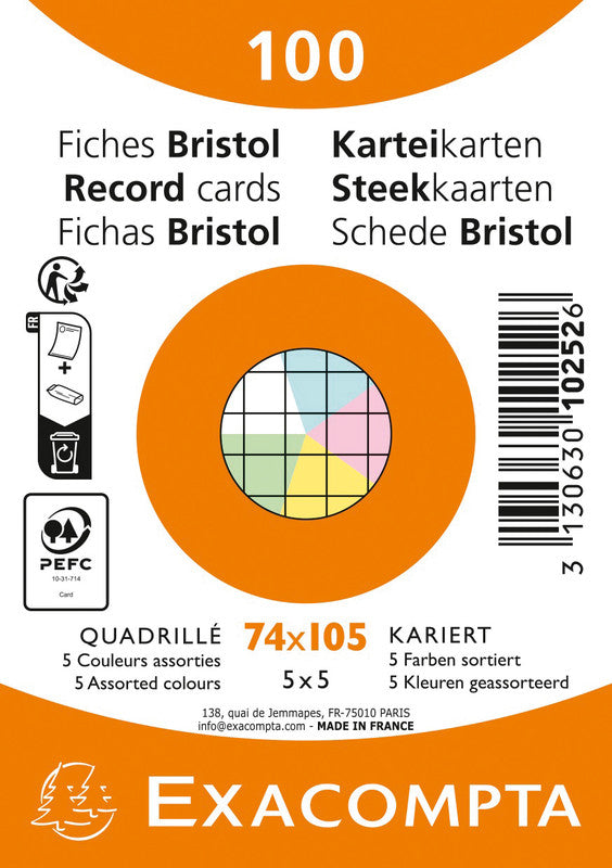 Exacompta Karteikarten A7 quer, kariert, mehrfarbig, 205 g/m², Karteikarton – 100 Stück