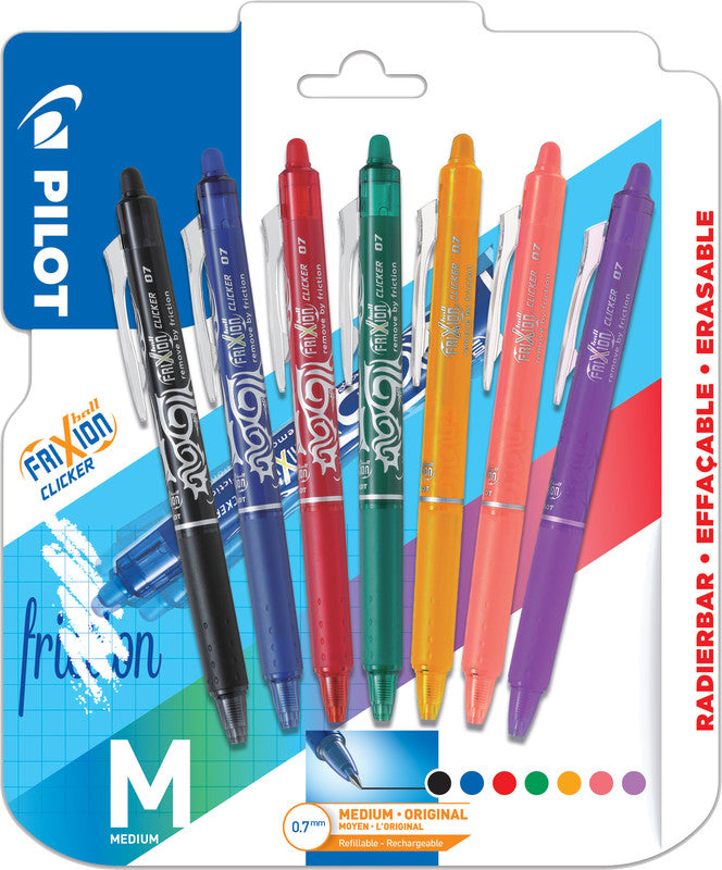 Pilot FriXion Ball Clicker – Radierbarer Tintenroller-Set, 0,7 mm, Schwarz/Blau/Rot u. a., 7er Etui