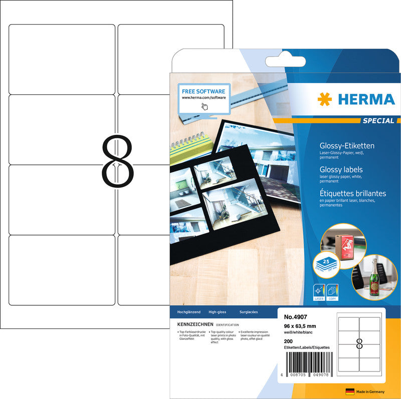 HERMA Drucketiketten, 96 mm × 64 mm, weiss, Papier, permanent, 25 Blatt (200 Etiketten)