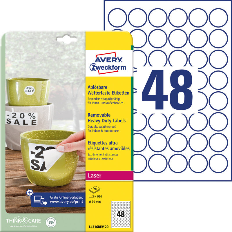 Avery Druckeretiketten, Ø 30 mm, weiss, Folie, extra stark, 20 Blatt (960 Etiketten)