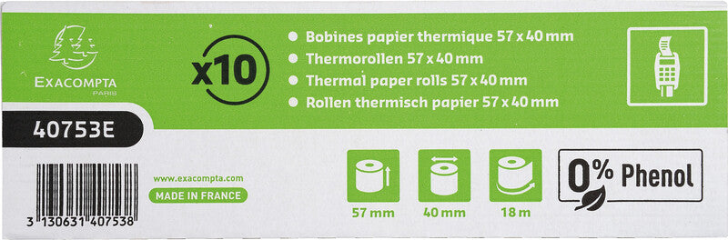 Exacompta Thermorolle 57 × 40 × 12 mm, 18 m, 52 g/m², phenolfrei, weiss