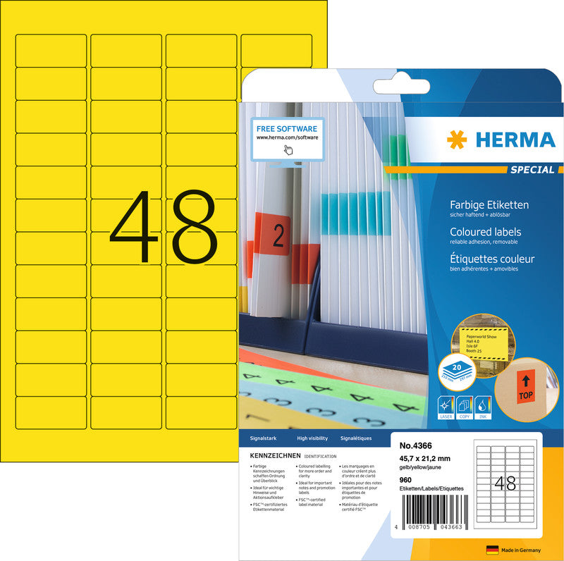 HERMA Bogenetiketten, 46 mm × 21 mm, Gelb, Papier, Wiederablösbar, 20 Blätter (960 Etiketten)