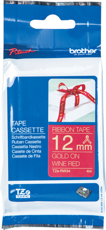 Brother TZE-RW34 – Textilband TZe, nicht klebend, Gold auf Rot (4 m)