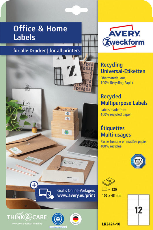 Avery Druckeretiketten, 105 mm × 48 mm, naturweiss, Altpapier, permanent, 120 Etiketten (10 Blatt)