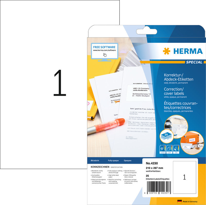 HERMA Druckeretiketten, 105 mm × 148 mm, weiss, Papier, permanent, 25 Blatt