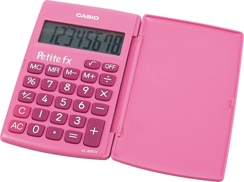 Casio Taschenrechner Petite fx LC-401LV – 8-stellig, Prozent/Wurzel, Batterie, Pink, 75×120×10 mm