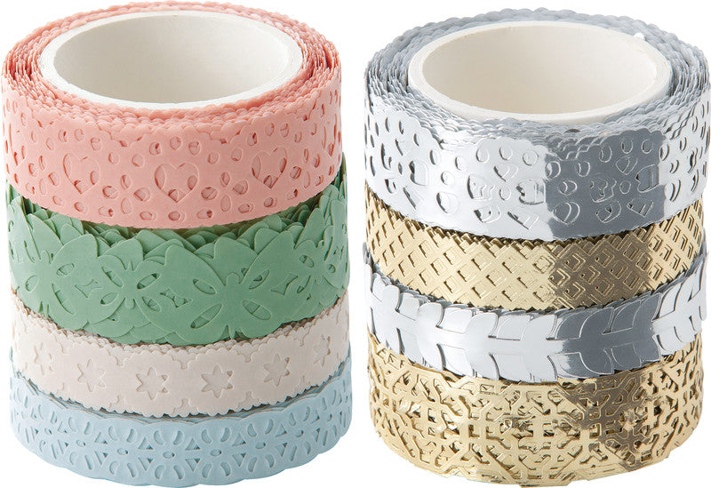 Folia Washi Tape Spitzenbordüre – wiederablösbar, Hotfoil, Papier, Silber/Gold, 2×10 mm × 5 m + 2×15 mm × 5 m