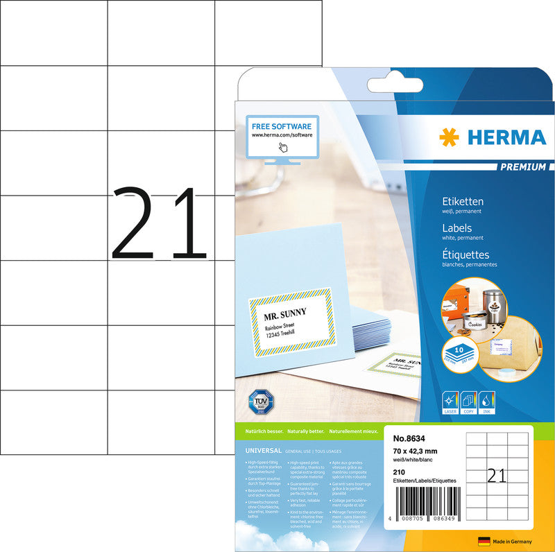 HERMA Druckeretiketten, 70 mm × 42 mm, weiss, Papier, permanent, 10 Blätter (210 Etiketten)