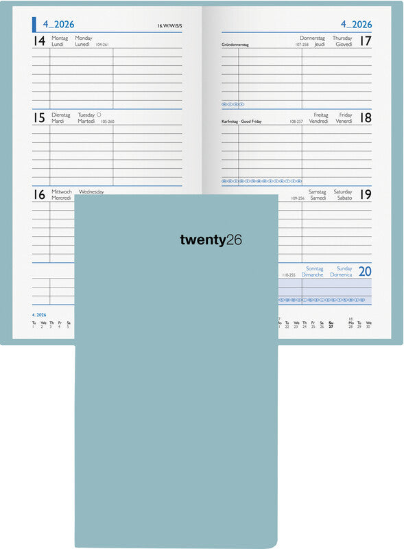 Biella Taschenagenda Colorful – 1 Woche/2 Seiten, gebunden, 8,7 × 15,3 cm, 2026, mehrsprachig, salbeigrün, FSC