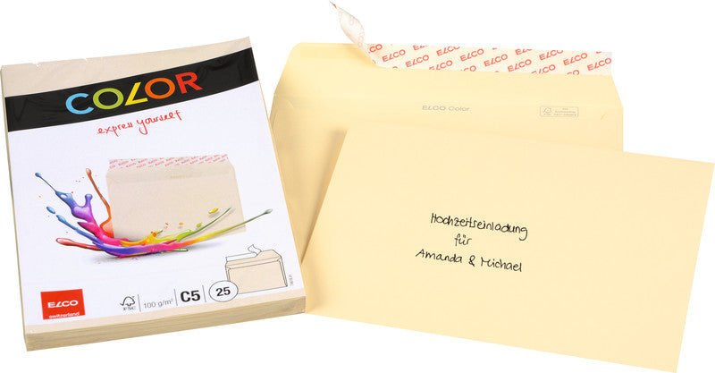 Elco Couvert C5 (229 × 162 mm), ohne Fenster, haftklebend (Optifix), hellchamois, 100 g/m² – 25 Stk.