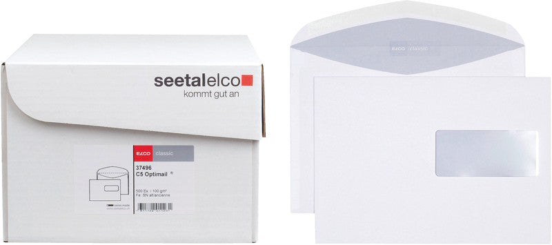 Elco Couvert C5 (229 × 162 mm), mit Fenster, Nassklebend (Optimail), weiss, 100 g/m², Papier – 500 Stk.