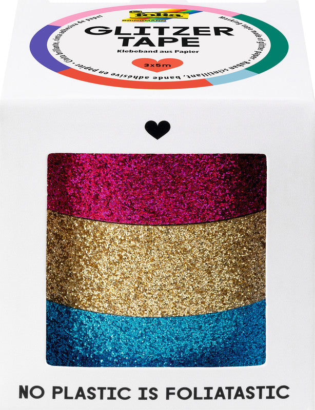 Folia Washi Tape Set Glitterfolie selbstklebend – mehrfarbig (Pink, Gold, Hellblau) – 15 mm × 5 m, 3er Set