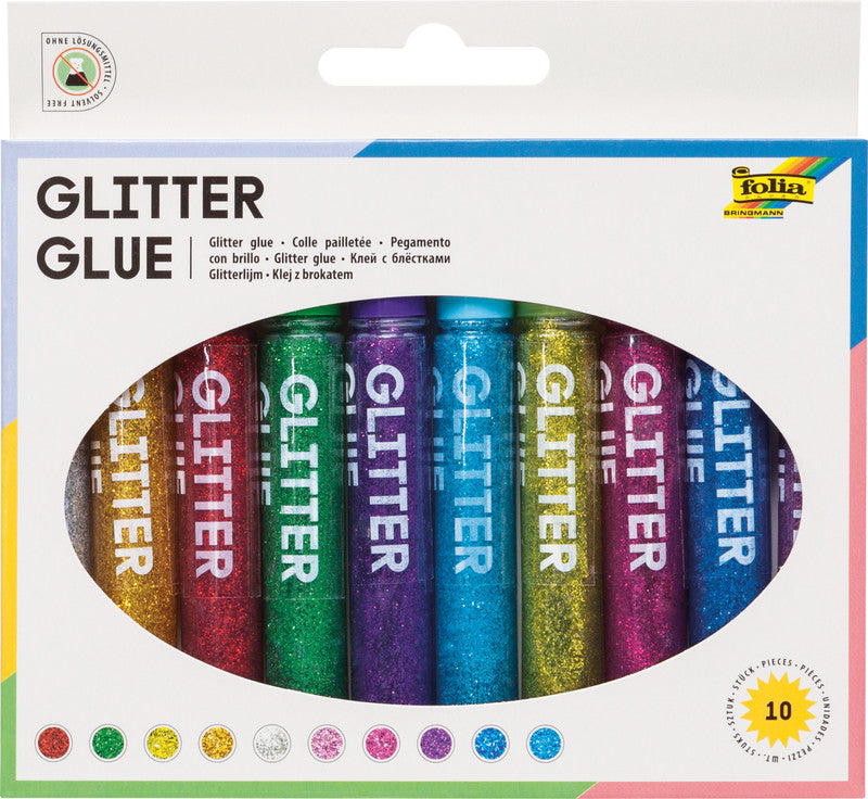 Folia Glitzerkleber – farbig sortiert – Set 10 × 9,5 ml – auswaschbar, lösungsmittelfrei