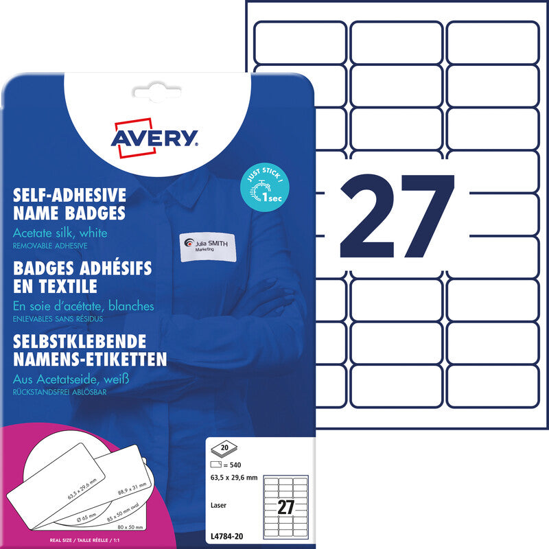 Avery Namens-Etiketten, 64 mm × 30 mm, weiss, Textil, selbstklebend, 540 Etiketten