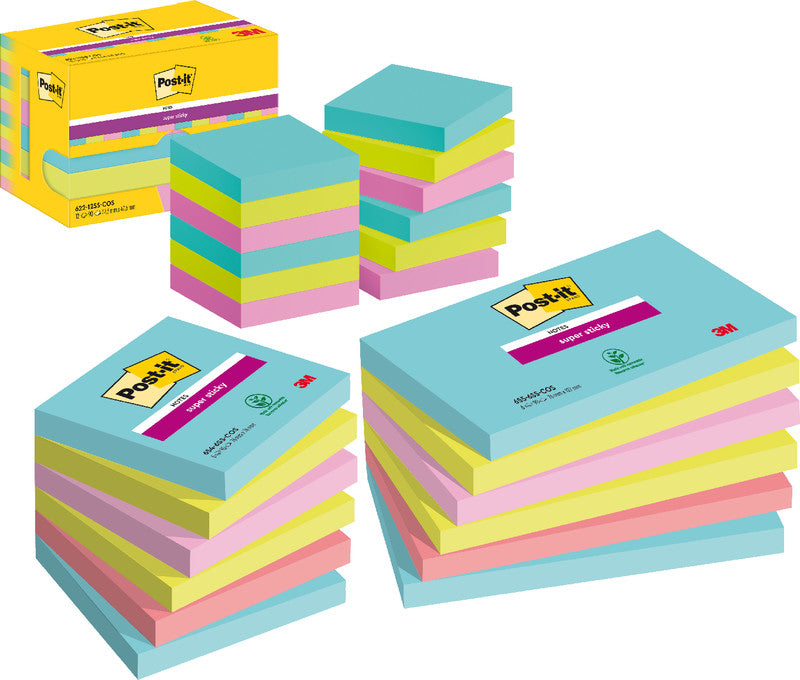 Post-it Super Sticky Haftnotizen – 47,6×47,6 mm – sortiert, 12×90 Blatt, PEFC