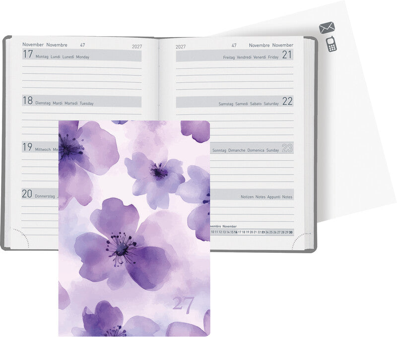 Biella Memento Trend Agenda – 1 Woche/2 Seiten, Gebunden, 10,1 × 14,2 cm, 2027, Purple Flower, FSC