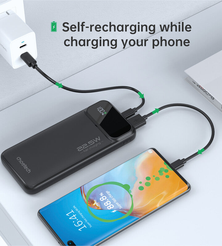 Choetech Powerbank 10000 mAh, 1× USB-C, 2× USB-A, für Smartphones, Tablets, Notebooks, Schwarz