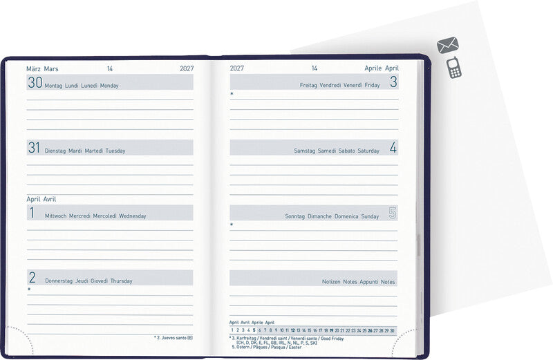 Biella Agenda – 1 Woche/2 Seiten, gebunden, 7,6 × 11,0 cm, Jan–Dez 2027, dunkelblau, FSC