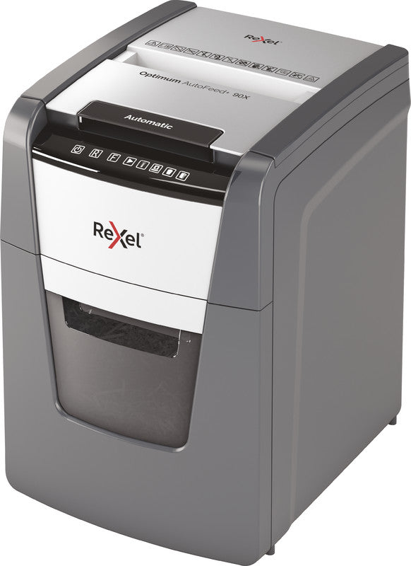 Rexel Optimum AutoFeed+ 90X – Aktenvernichter mit Autofeed 90 Blatt, DIN P-4, Partikelschnitt 4 × 28 mm, 34 l