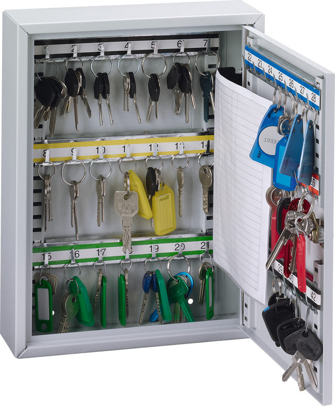 Rieffel Schlüsselkasten VT-SK 2042, 42 Haken, Zylinderschloss, Stahl, grau – B 270 × H 350 × T 80 mm