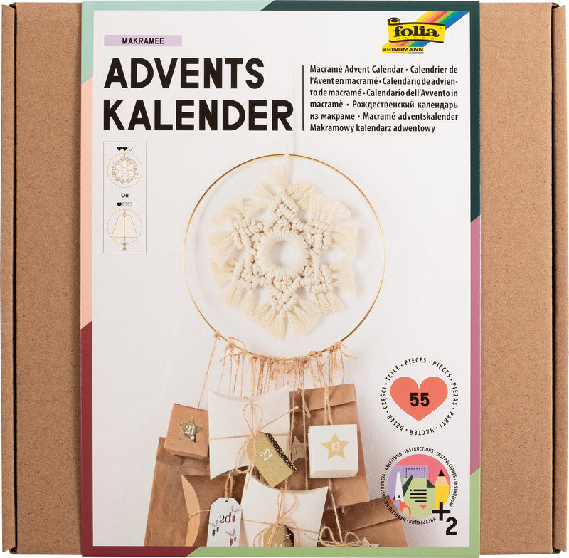 Folia Adventskalender-Set Makramee – 6 Kraftpapiertüten, Holzring, 15 m Jutekordel – 250 × 250 × 25 mm