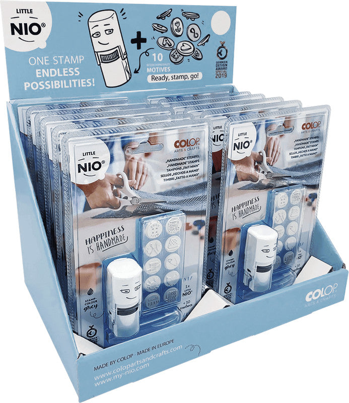 Colop Little NIO Rundstempel – handgemacht, selbstfärbend, 10 Motive, Ø 17 mm, graues Kissen, Englisch