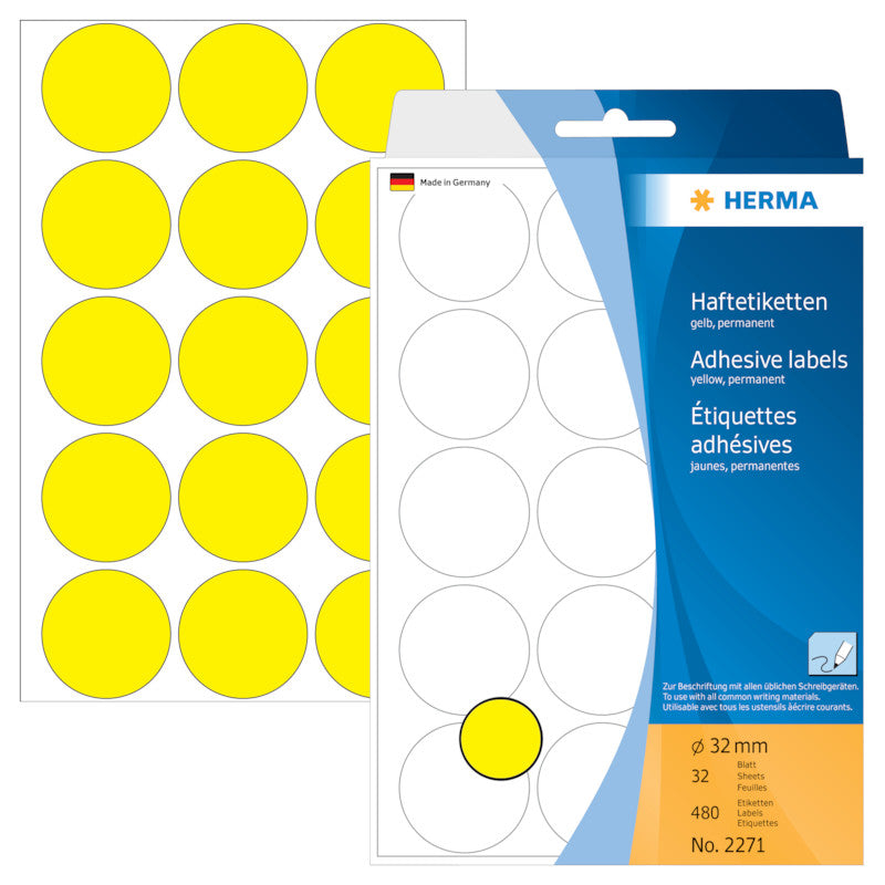 HERMA Schuletiketten – Ø 32 mm, 480 Stk, 32 Bogen, Papier, permanent haftend