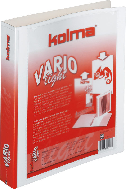 Kolma Ringbuch Vario Light – A4 Hoch – 2-Ring Bügelmechanik, Ø 30 mm – Weiss, mit Niederhalter, recyclingfähig