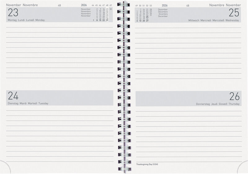 Biella Agenda – 2 Tage pro Seite, Spiralbindung, 14,5 × 20,5 cm, Jan–Dez 2026, grau, FSC