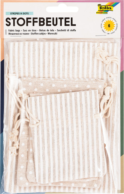 Folia Geschenkbeutel – Punkte und Streifen, Beige – Baumwolle – 6 Stk.