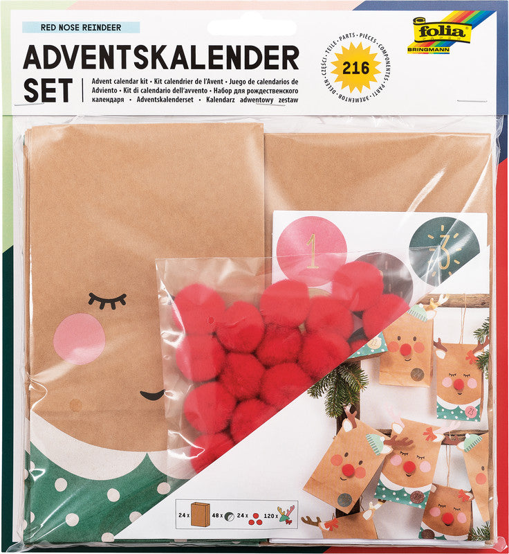 Folia Adventskalender-Set Rednose Rentier – 24 bedruckte Papiertüten – 220 × 240 × 20 mm